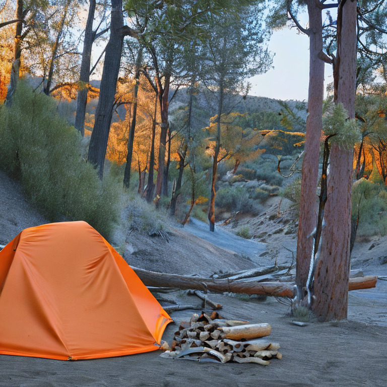 An orange tent sits on a rocky campsite near the beach as the sun rises. Fall-colored trees surround a small stream, while a warm campfire glows among the logs. Snow adds a quiet, magical touch to the scene.