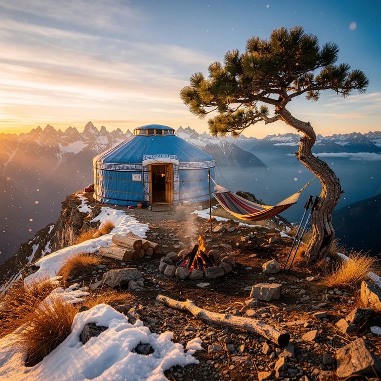 A sky-blue yurt sits on a rocky mountain ridge with tall peaks and a deep valley far below. The sunset turns everything gold, and a small campfire glows with a little smoke drifting away. A hammock hangs between a twisted pine and a strong branch while light snowflakes float through the air.