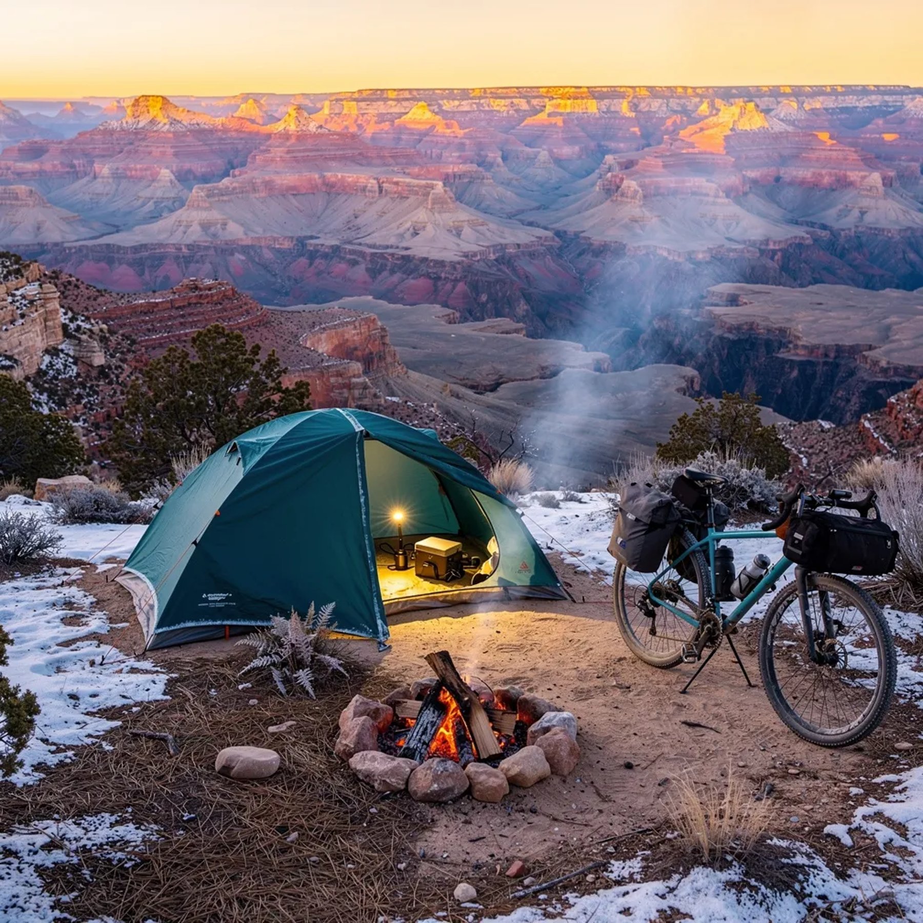 A teal tent sits on sandy ground near the rim of a huge canyon, glowing with warm light as the sun sets. A small stone fire crackles with red embers, and a bicycle rests beside the tent. Cold wind stirs a little dust and smoke, while the rocky desert feels wide, quiet, and wild.