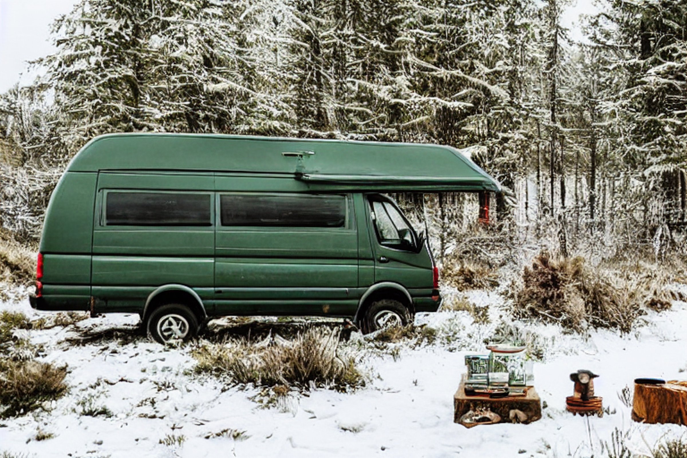 A forest-green van rests at a quiet paved campsite near a warm hot spring. Snowy hills roll into the distance, while camping gear sits beside a rough dirt patch. Sunset light gives the chilly scene a soft, peaceful glow.