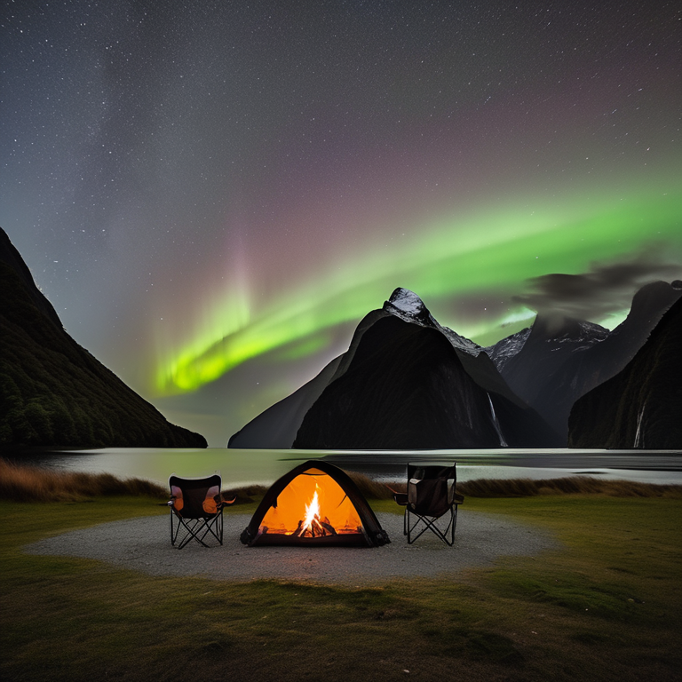 A black tent rests beside a warm campfire on a rough dirt patch in Milford Sound. Camping chairs, fallen leaves, and misty mountains surround the campsite as green auroras glow through the cloudy night sky.