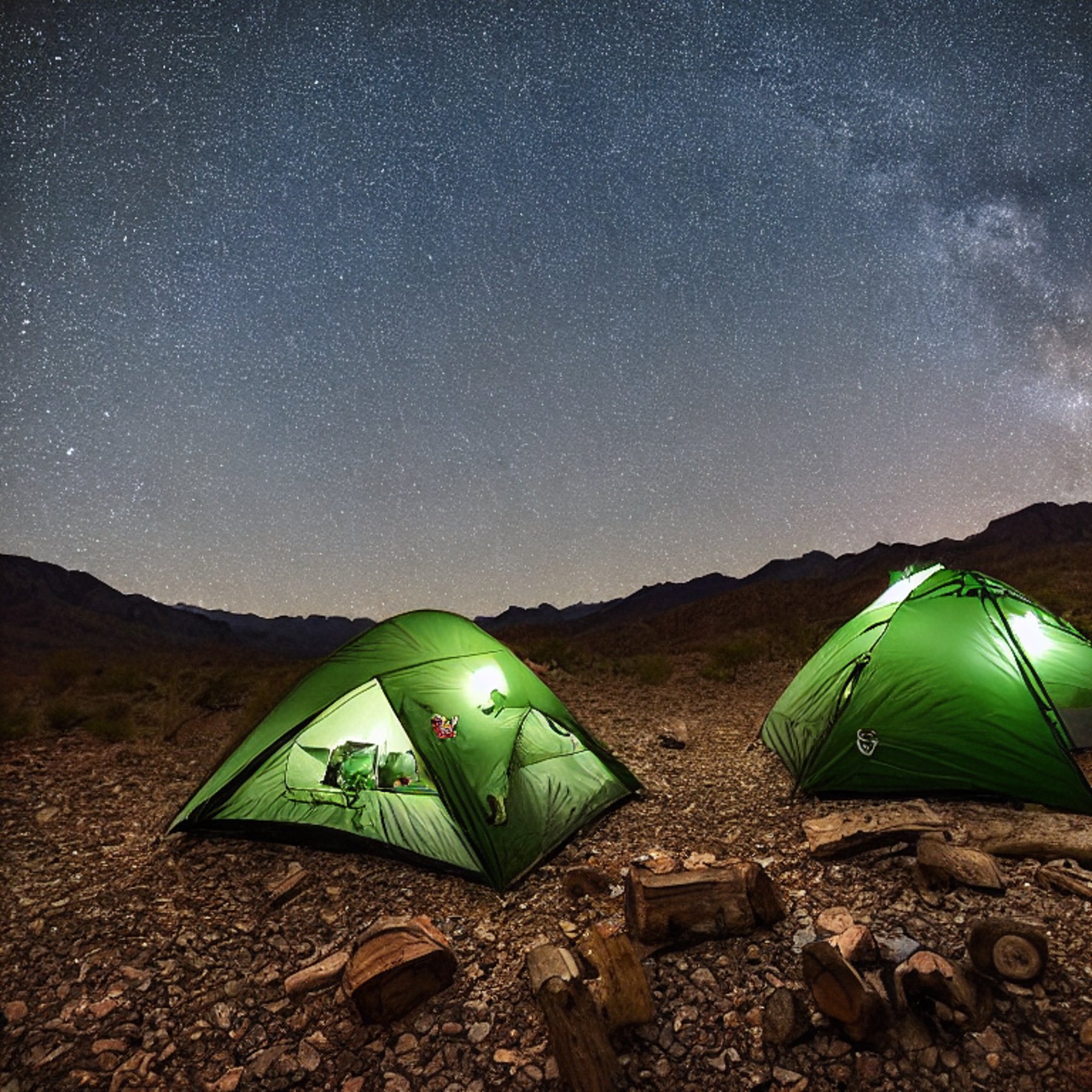 A green camo tent rests on a rocky campsite beneath a sky full of stars. A warm campfire glows beside the tent, while hikers gather near a large rock as light snow falls.