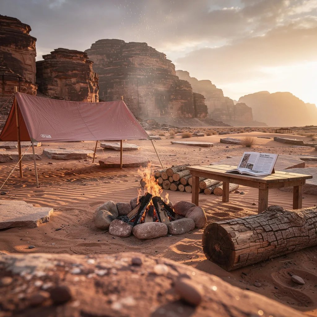 A warm sunset glows over a wide desert camp, with tall sandstone cliffs rising in the distance. A dusty-rose shelter sits by a small wooden table holding an open book, like someone just stepped away. Nearby, a fire ring holds glowing embers and stacked logs, and a thin wisp of smoke drifts through the golden light. The sand and flat rocks shine softly, as if a light sprinkle just passed by.