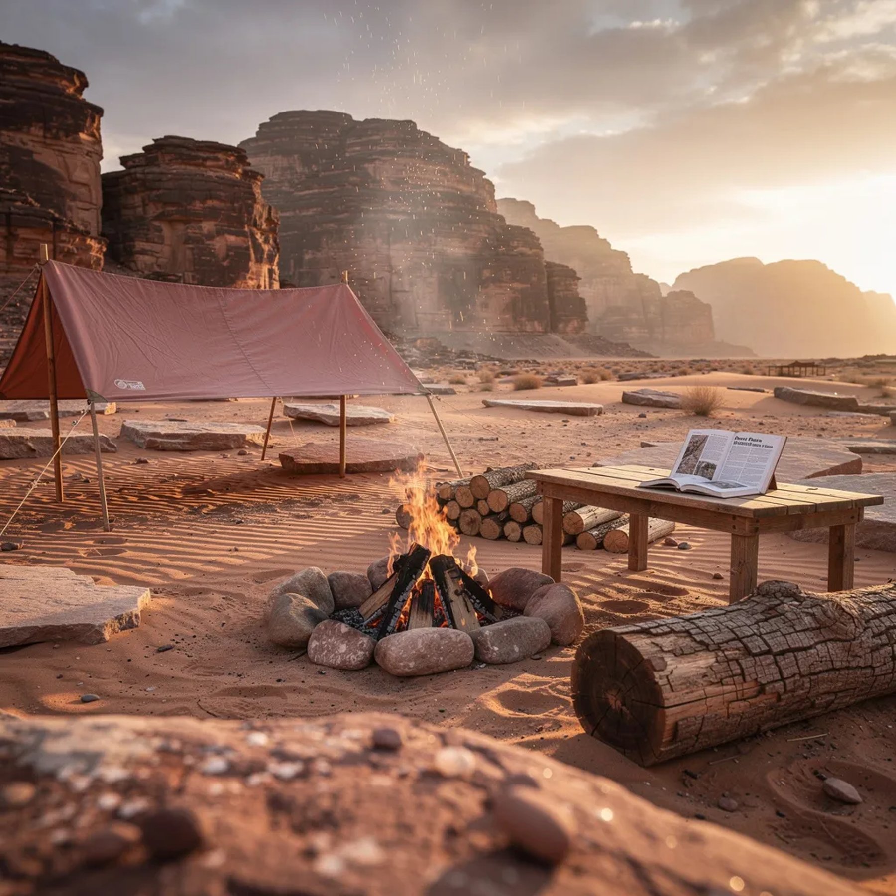 A warm sunset glows over a wide desert camp, with tall sandstone cliffs rising in the distance. A dusty-rose shelter sits by a small wooden table holding an open book, like someone just stepped away. Nearby, a fire ring holds glowing embers and stacked logs, and a thin wisp of smoke drifts through the golden light. The sand and flat rocks shine softly, as if a light sprinkle just passed by.