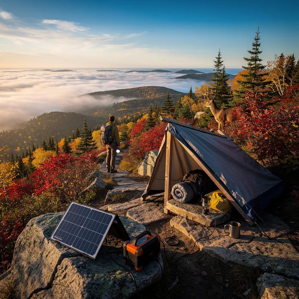 A small lean-to sits on a rocky ridge above a blanket of morning fog, glowing in soft golden light. Red and gold trees surround the campsite, and the far-off ocean line shines under a clear blue sky. A solar panel rests on a rock to charge a battery, while a lone hiker and a quiet deer watch from the trail and forest edge.