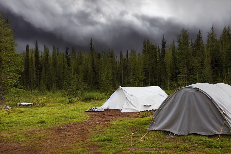 A white tent sits on a quiet dirt patch in the Alaskan wilderness. Stormy dusk clouds fill the sky, while fallen leaves, berry bushes, and a clothesline add a cozy touch.