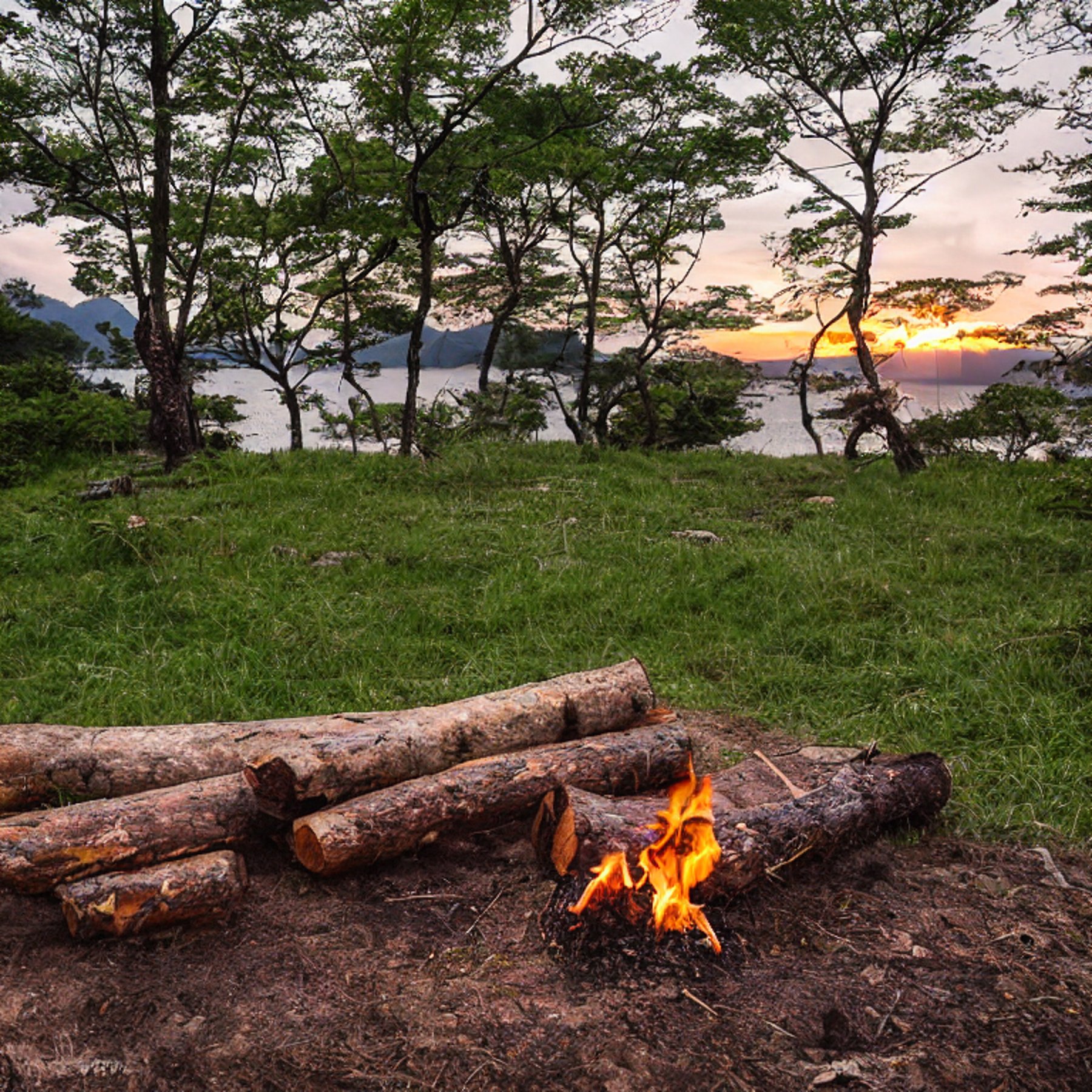A green camo tent rests beside a dirt patch at a paved campsite in Miyajima. Tall grass, stone slabs, and a wood fire create a cozy scene as the sun sets beneath stormy clouds.