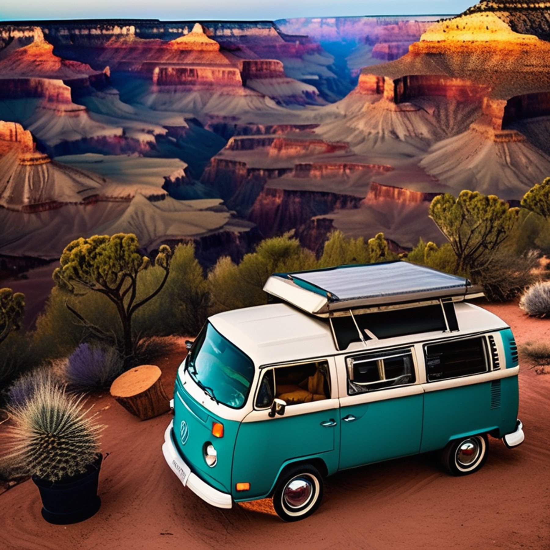 A teal campervan rests at a sunny dirt campsite near the Grand Canyon. Nearby, a tent glows softly from a flashlight, while bright wildflowers dot the ground. The warm sunset fills the wide desert view with a peaceful, adventurous feeling.