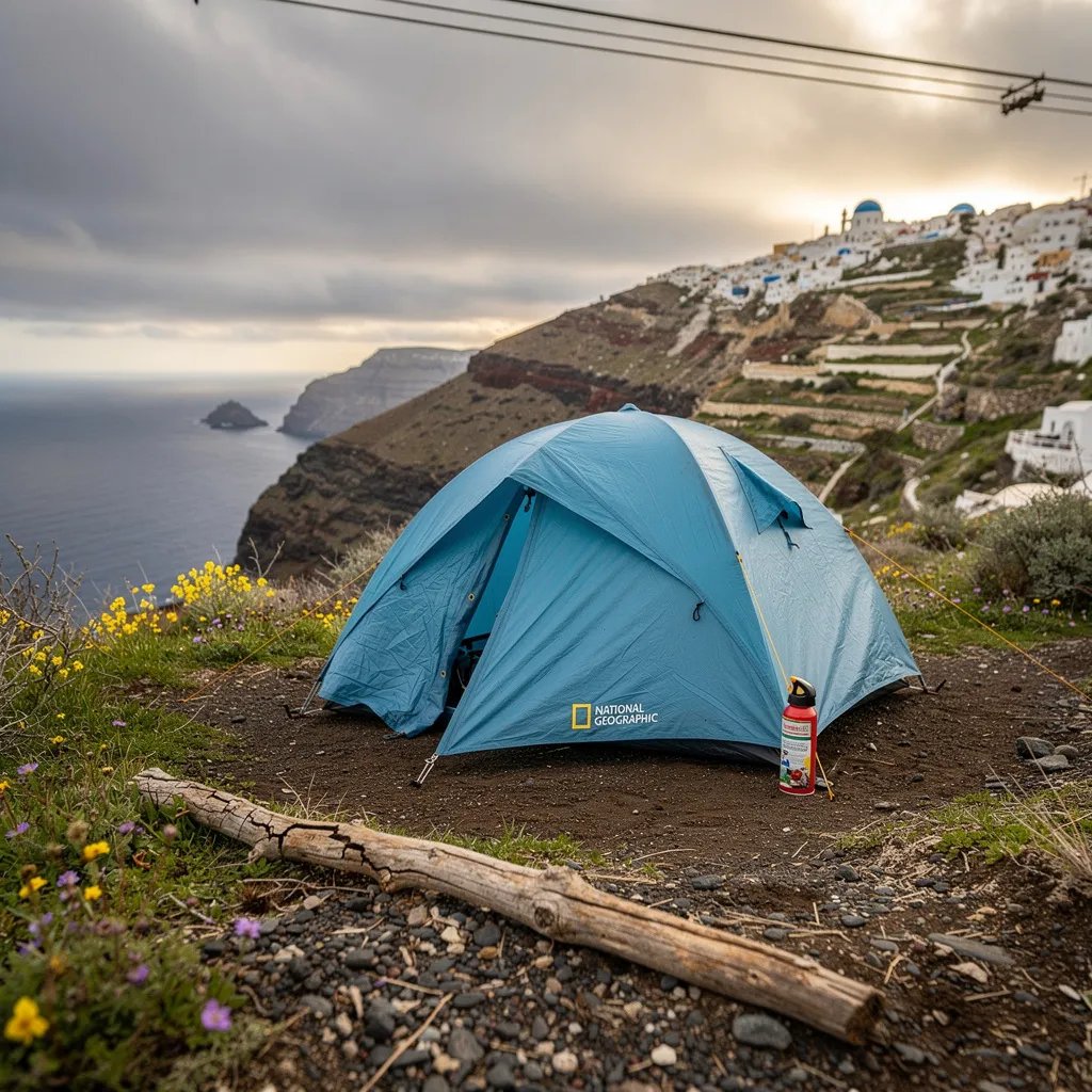 A sky-blue tent sits on a rocky hillside above the bright Aegean Sea. Soft, cloudy afternoon light makes the land look calm and cool. Small shrubs and spring flowers dot the terraced slopes, and a weathered twig lies in the foreground. A bear spray canister rests by the tent door, ready for the night.
