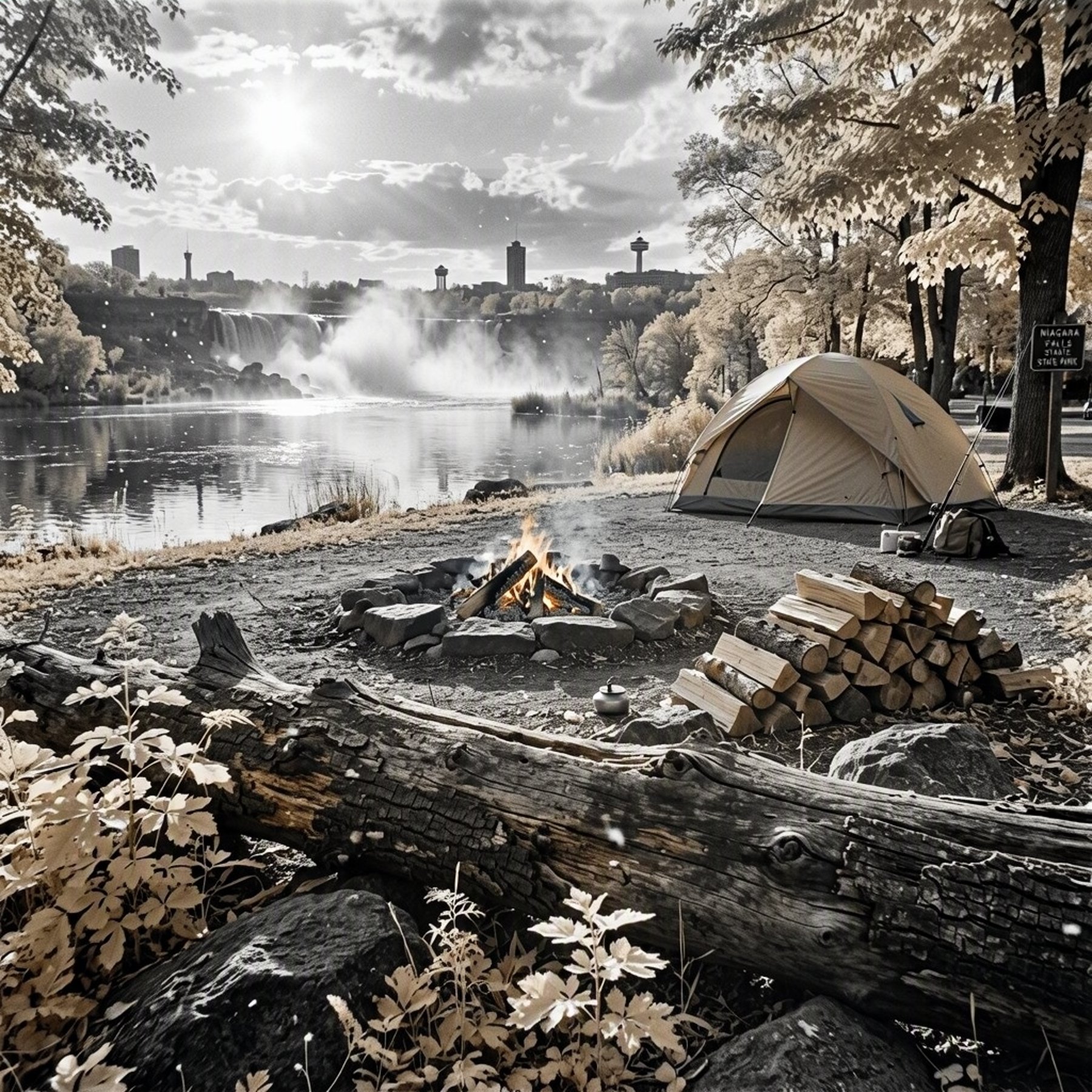 A quiet campsite rests beside a shining pond at Niagara Falls State Park. A tan tent, fire ring, stacked logs, and fishing rod sit among bright trees and fallen wood. Warm evening light and drifting pollen create a peaceful summer mood.