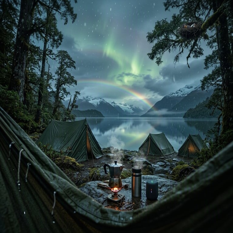 Three green tents rest beneath giant rainforest trees beside the still waters of Reñihué Fjord. Hail falls softly as green auroras glow above and shimmer on the water. Nearby, warm coffee steams from a small camp stove in the chilly twilight.