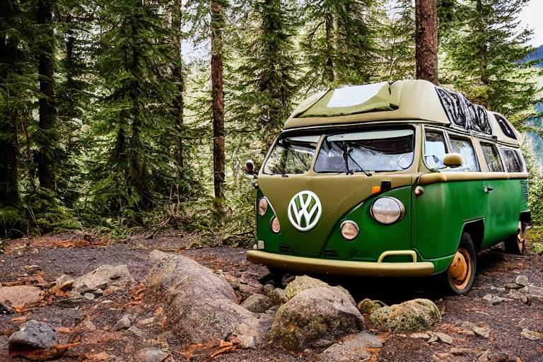 A green and tan camper van rests beside a glowing campfire on a quiet Vancouver Island campsite. Rocky, leaf-covered ground surrounds the fire, while dark mountains rise beneath a clear night sky.