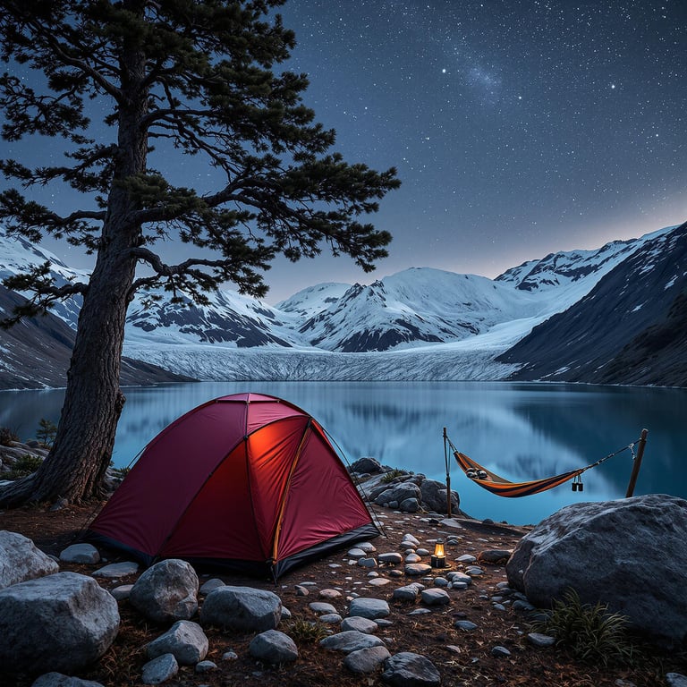 Nestled by a sparkling lake under a starry sky, this cozy campsite has a red tent and a comfy hammock swaying gently. Snowy mountains tower all around, making it feel like a magical winter wonderland. A lantern glows warmly, inviting you to snuggle up and enjoy the peaceful night.