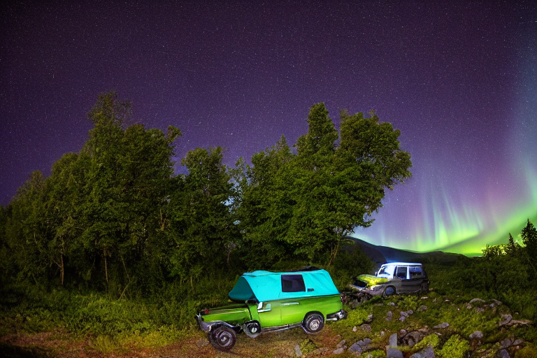 A teal Jeep with an open rooftop tent rests on a rocky campsite beneath glowing northern lights. Fog drifts through the tall trees, while a deer stands quietly in the distance. A small flashlight adds a warm glow to the cool, peaceful night.