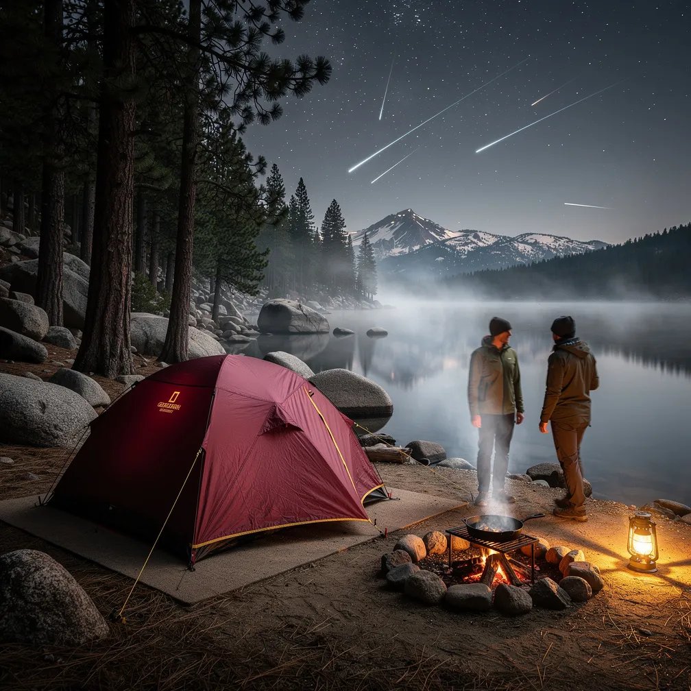 A burgundy tent sits by calm lake water and big granite rocks, with thin fog drifting through tall pine trees. A warm lantern and a small fire glow near the entrance, lighting a skillet and two quiet hikers nearby. Above it all, bright meteors streak across a clear, starry sky.