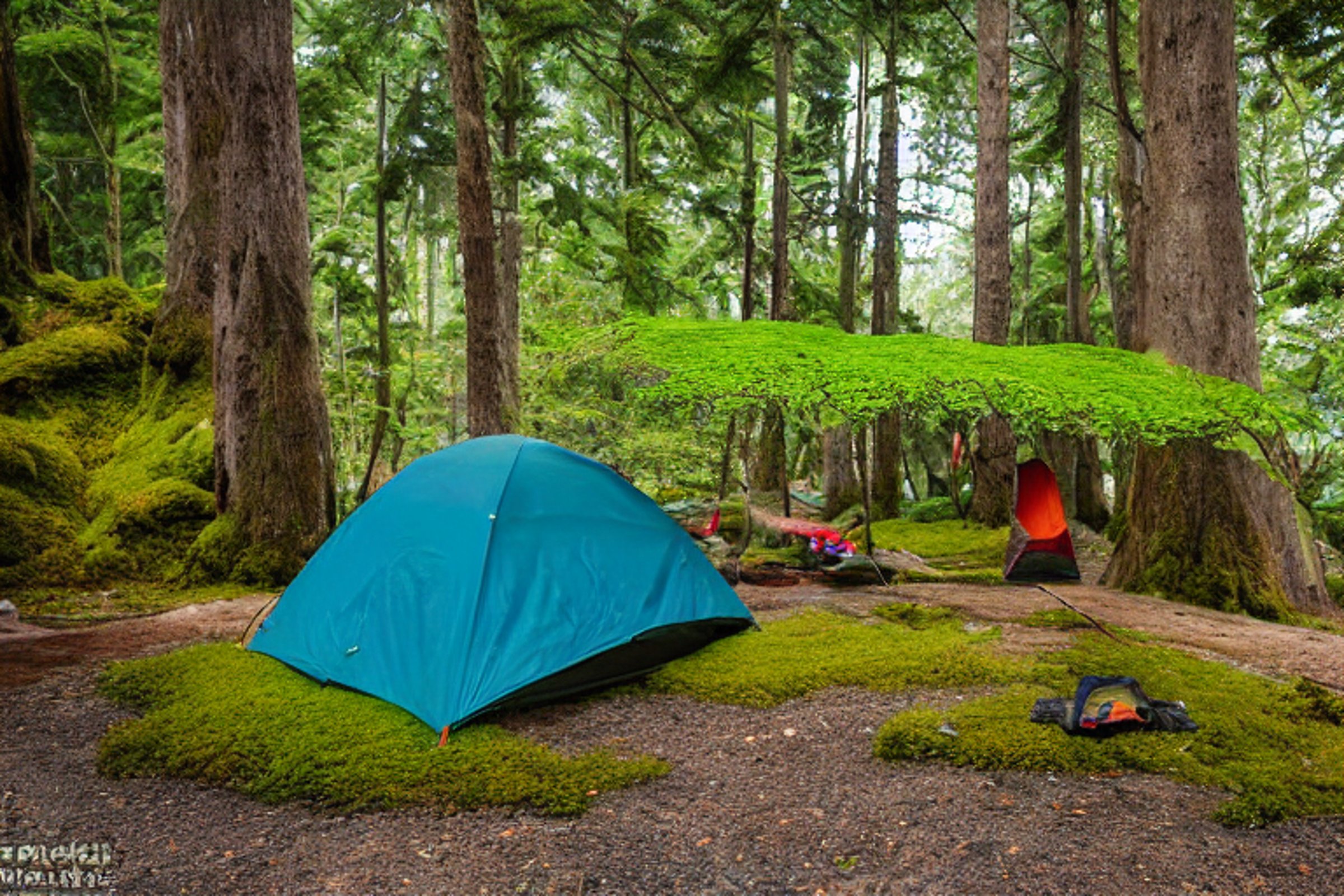 A colorful tent rests on a rough dirt patch beneath moss-covered trees in Miyajima, Japan. A hammock hangs nearby, with a box of camping gear beside it. Cloudy night skies give the quiet campsite a cozy, wild feeling.