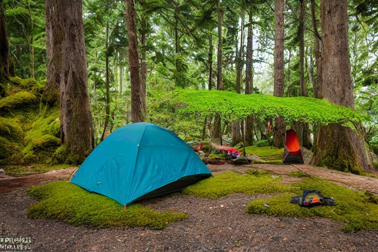 A colorful tent rests on a rough dirt patch beneath moss-covered trees in Miyajima, Japan. A hammock hangs nearby, with a box of camping gear beside it. Cloudy night skies give the quiet campsite a cozy, wild feeling.