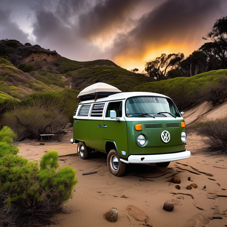 A green camo camper van rests on a dirt campsite near San Diego Beach. Rainy skies, mossy trees, and stone-covered ground create a calm, wild setting. A wooden guitar lies nearby as the sunrise glows softly through the clouds.