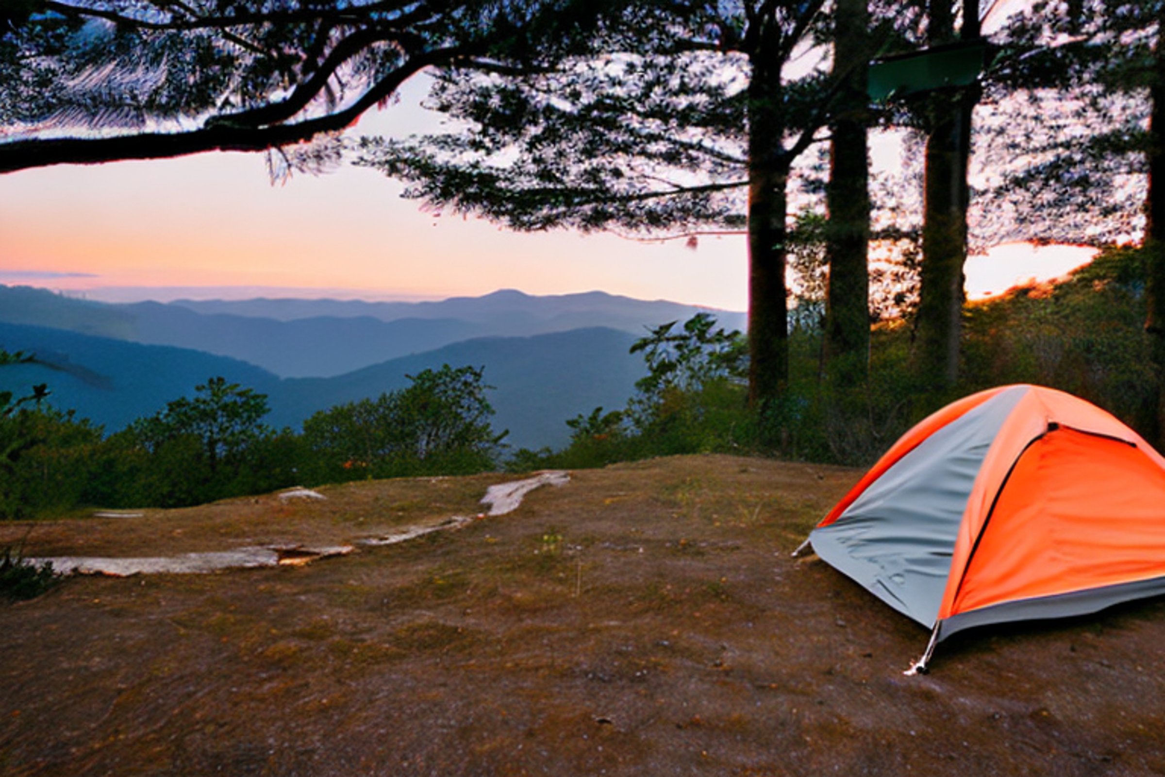 A gray and orange tent rests on a sunny campsite in the Smoky Mountains. Large stone slabs, camping gear, and a berry-covered bush surround the dirt clearing. A mountain rises in the background beneath the warm sunrise sky.