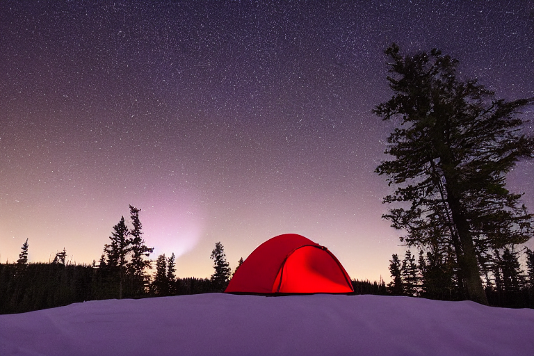 A red and white tent rests beside a warm campfire under the glowing northern lights. Camping chairs sit nearby, while a distant person shines a flashlight beneath the clear, starry sky. Birds glide overhead in the peaceful Upstate New York night.