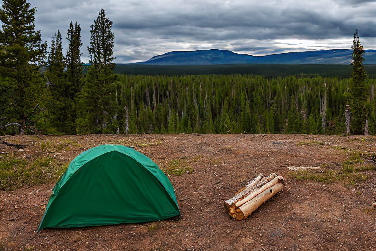 A white tent rests on a quiet dirt campsite in Yellowstone at night. A warm campfire glows among stone-ringed logs, while bushes, rolling hills, and a winding path fade into the stormy darkness.