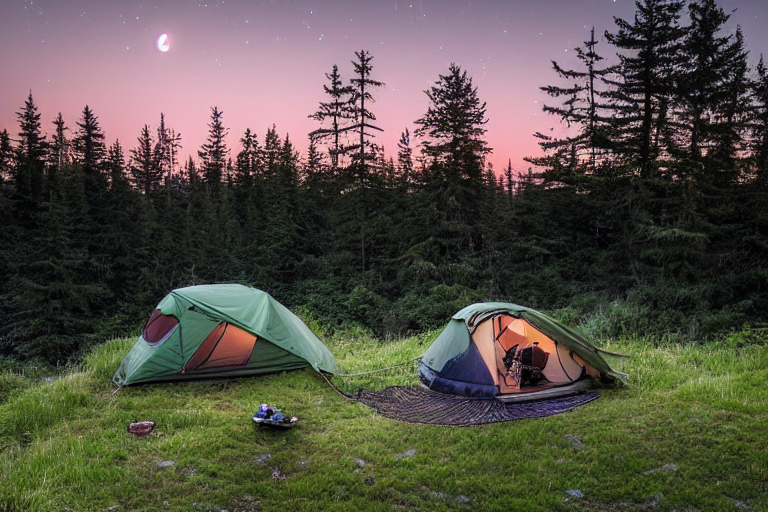 A green Subaru rests at a quiet lakeside campsite beneath the warm glow of sunset. Its rooftop tent is open, while a hammock hangs between the trees and a guitar rests on the ground. Ferns surround the dirt camp, and a pale moon rises in the clear sky.