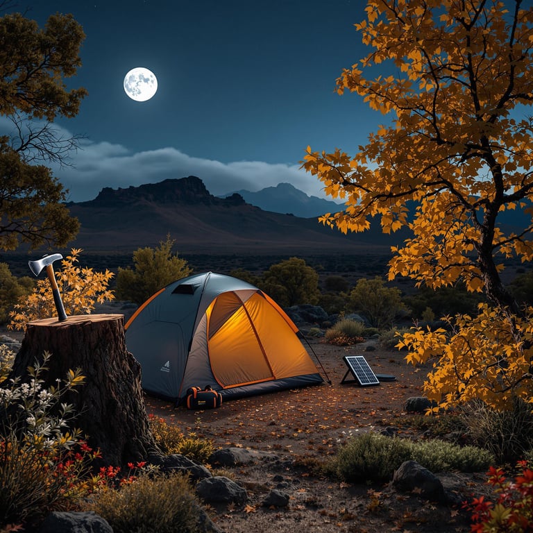 A gray and orange tent rests in a quiet desert beneath a bright full moon. Mossy trees with fall-colored leaves and rare wildflowers surround the camp, while a solar panel charges a battery nearby. An axe sits in a tree stump, adding a rugged touch.