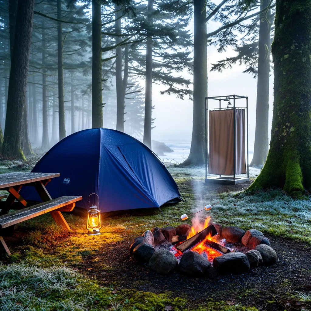 A navy blue tent sits on damp, mossy ground under tall cedar and fir trees, with mist drifting through the forest. Warm lantern light and a small campfire glow beside a weathered picnic table, making the chilly air feel cozy. In the distance, a faint ocean haze lingers, and a simple outdoor shower stands quietly near the trees.