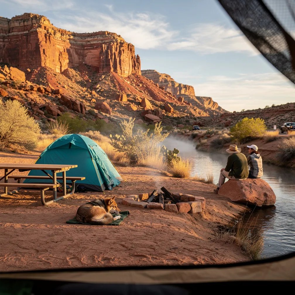 A teal tent sits by a wooden picnic table in a warm red rock canyon, with a small creek nearby. The late afternoon sun makes the cliffs glow and paints long, soft shadows in the dust. A gentle campfire sends up a wisp of smoke while a dog sleeps curled up beside it. You’re looking out through a tent’s mesh window, like a quiet peek into a peaceful desert camp.