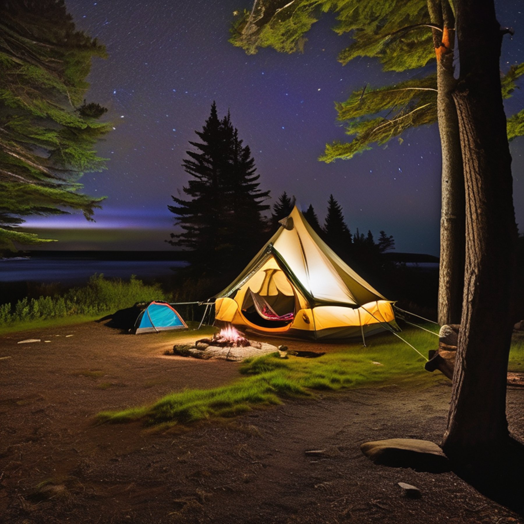 A cozy tent rests beside a paved campsite on the rainy Maine coast. Above the tall grass, bright northern lights glow in the night sky, while a hammock, gravel patches, and distant surfers add a playful touch.