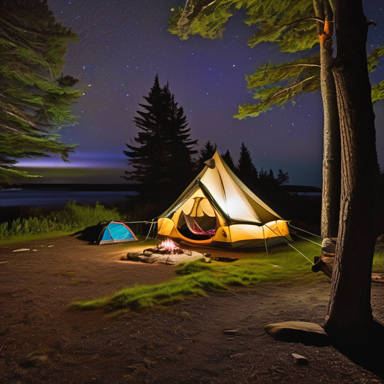 A cozy tent rests beside a paved campsite on the rainy Maine coast. Above the tall grass, bright northern lights glow in the night sky, while a hammock, gravel patches, and distant surfers add a playful touch.