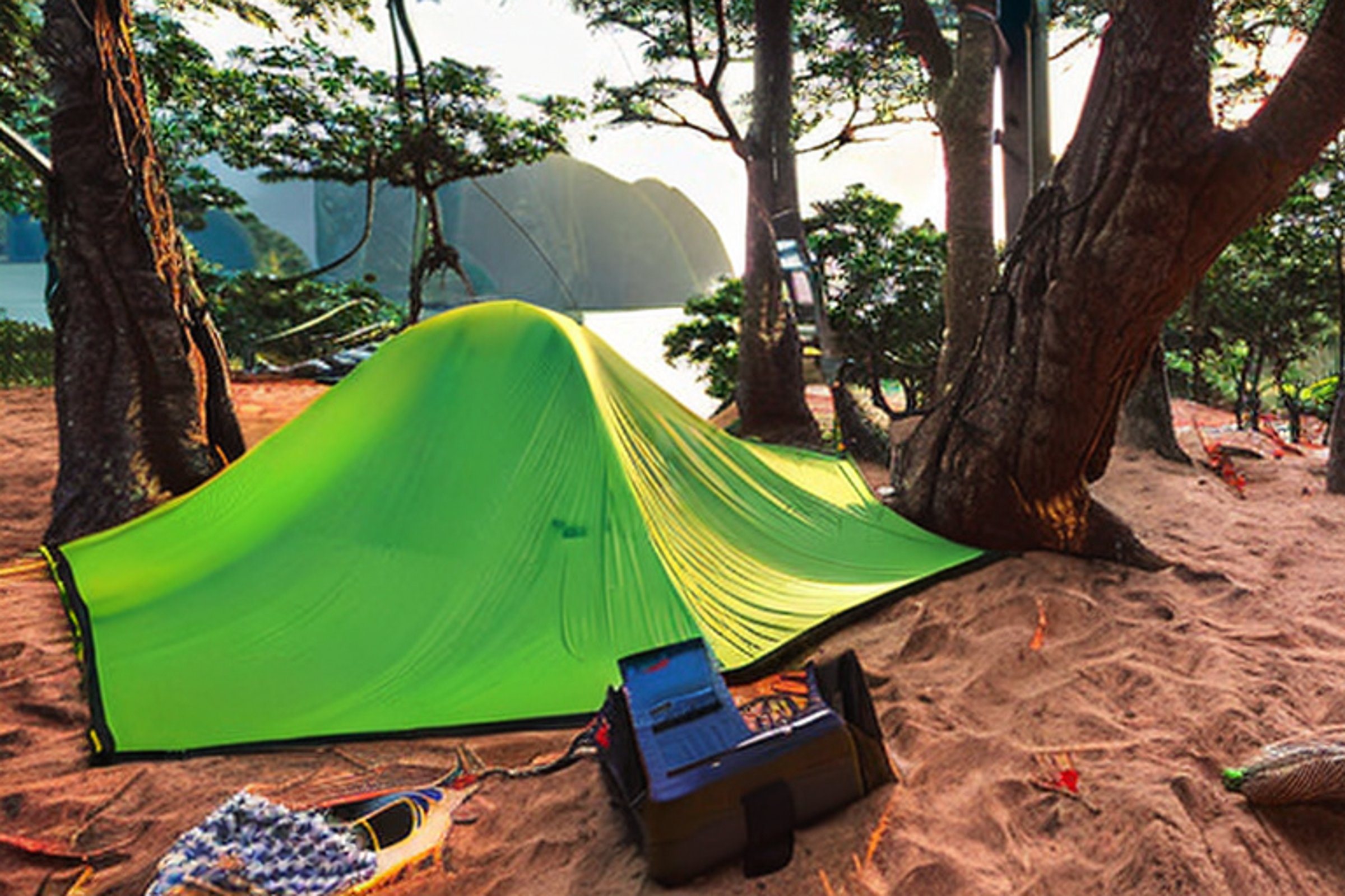 A forest-green tent rests on a rough campsite in Halong Bay, surrounded by trees and rocky ground. A hammock hangs between the trees, while a lantern and box of camping gear sit nearby in the soft golden light.