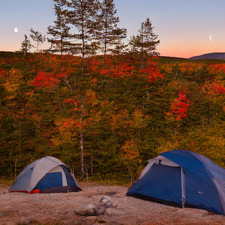 A tan tent rests on a paved campsite in Acadia National Park. Rainy sunset light glows through the colorful fall trees, while a pale moon hangs in the sky. A box of camping gear sits beside the dirt patch.