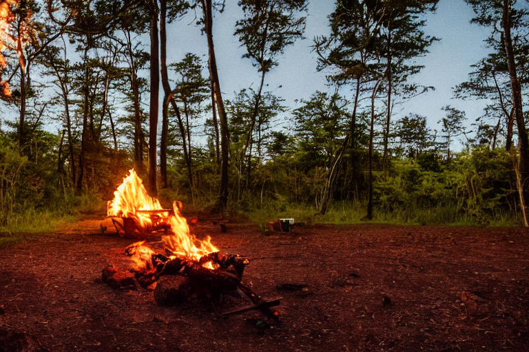 A forest-green tent rests on a quiet paved campsite beneath Hawaii’s clear night sky. Nearby, a stone-ringed campfire glows beside large boulders, casting warm light and dancing shadows. Colorful trees surround the peaceful scene.