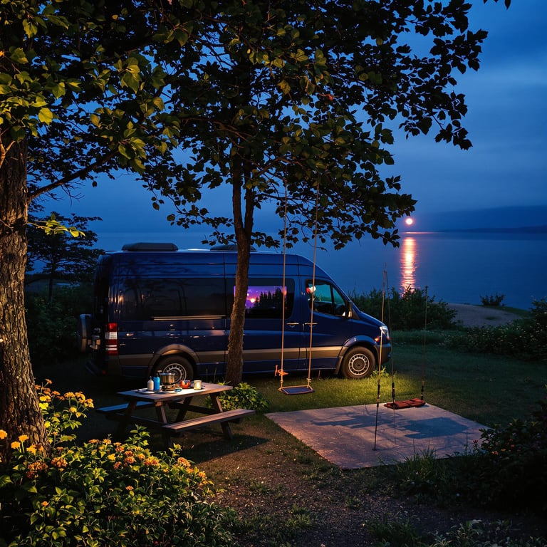 A navy blue camper van rests beneath a full moon at the foggy Apostle Islands. Wildflowers, a fishing rod, and a picnic table with a camping stove add charm, while a rope swing hangs from a sturdy tree.
