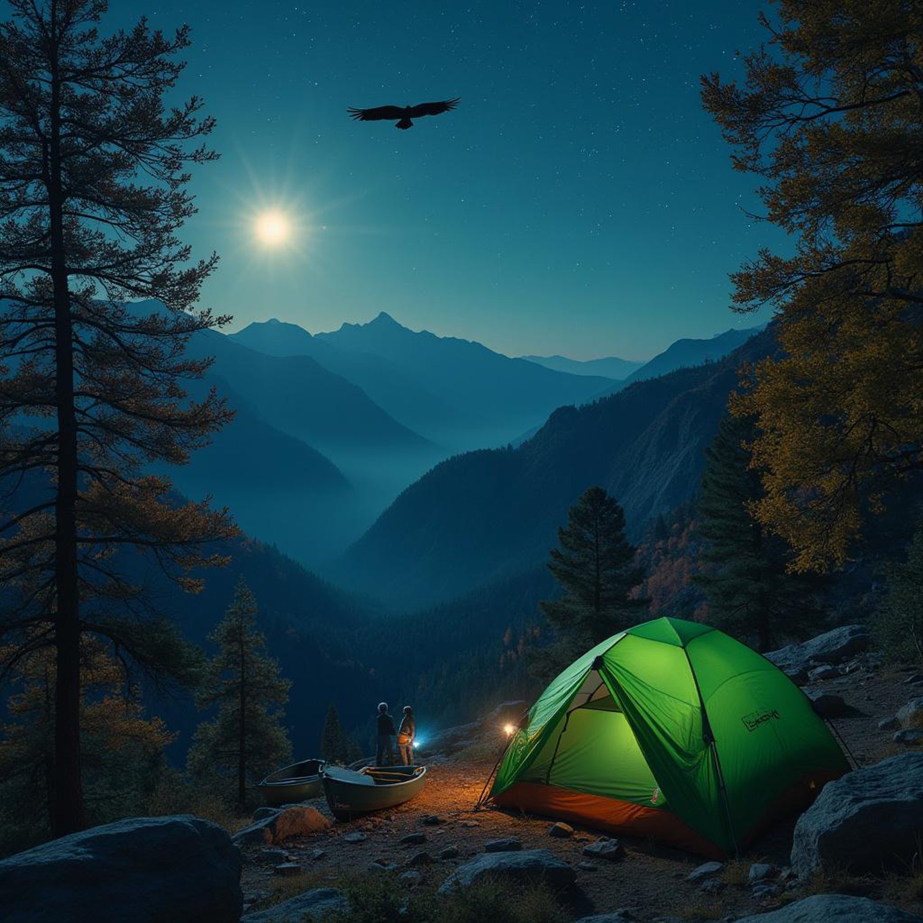 A green tent rests among the red rocks beneath a bright full moon. Fall-colored trees frame the campsite, with a canoe nearby and stars shining through the clearing. A tiny flashlight glows in the distance as a bird crosses the sky.