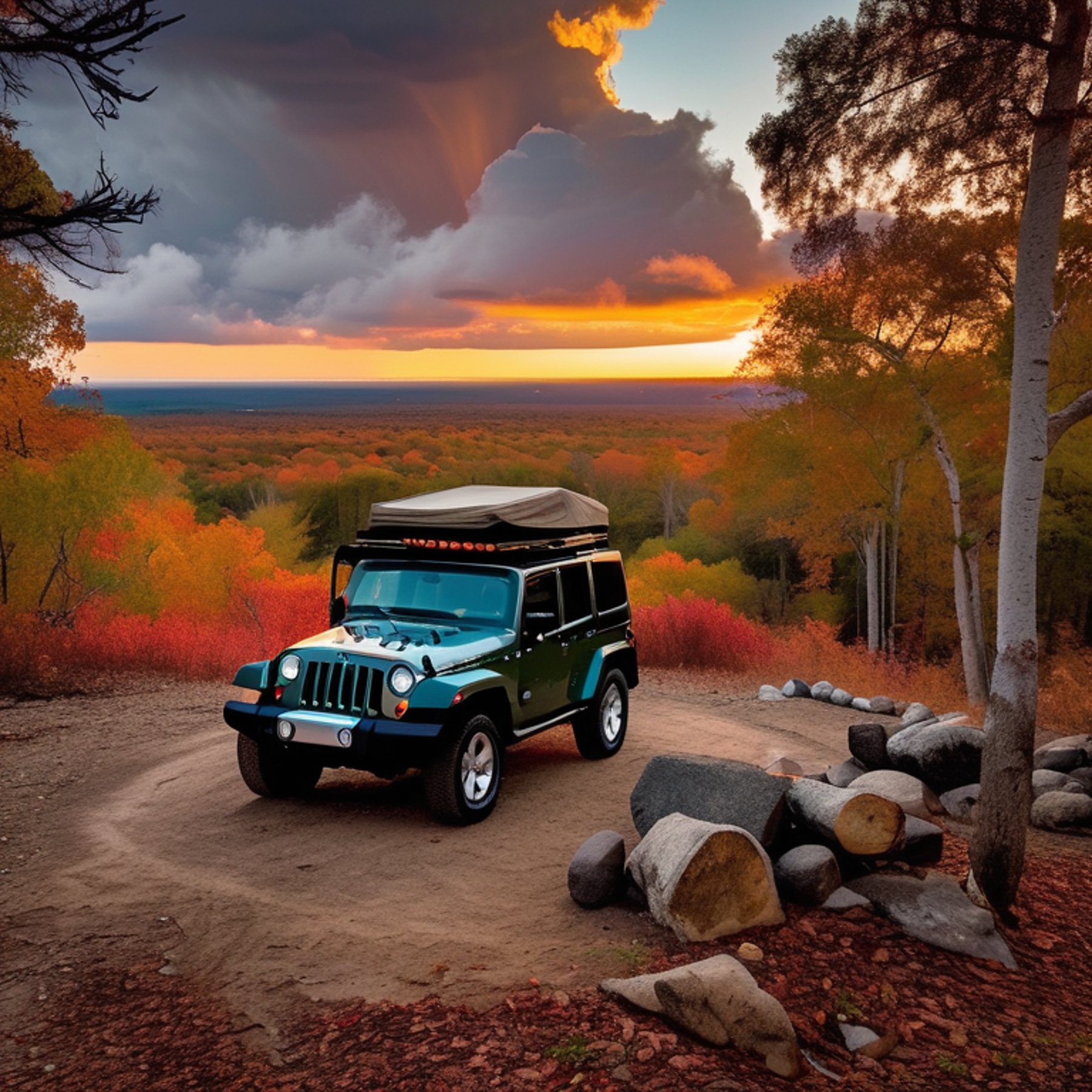 A Jeep with an open rooftop tent rests at a quiet dirt campsite. Fall-colored trees surround the spot, with leaves scattered on the ground and a stone-ringed campfire nearby. Rainy sunset light fills the sky, creating a cozy outdoor mood.