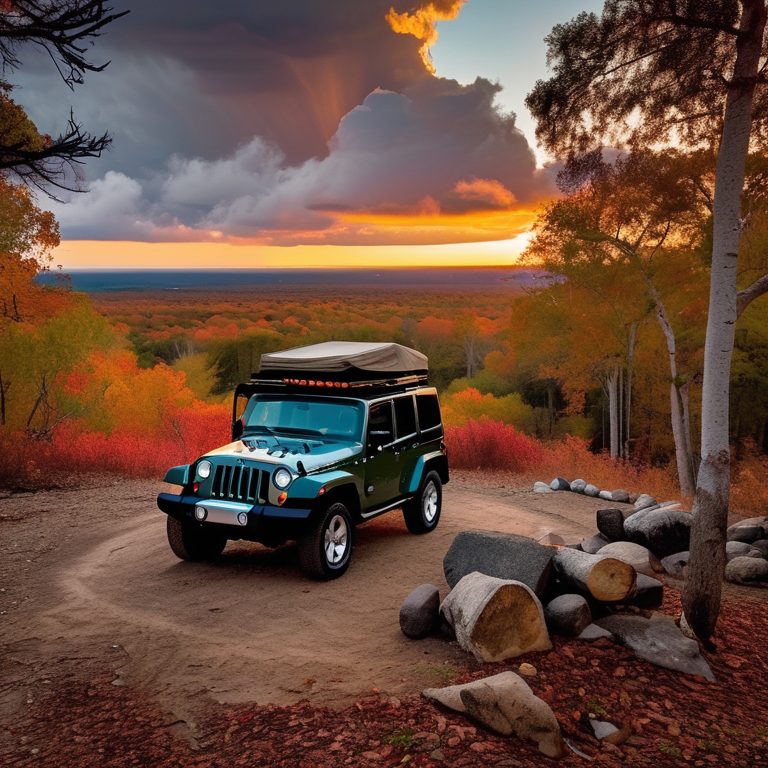 A Jeep with an open rooftop tent rests at a quiet dirt campsite. Fall-colored trees surround the spot, with leaves scattered on the ground and a stone-ringed campfire nearby. Rainy sunset light fills the sky, creating a cozy outdoor mood.