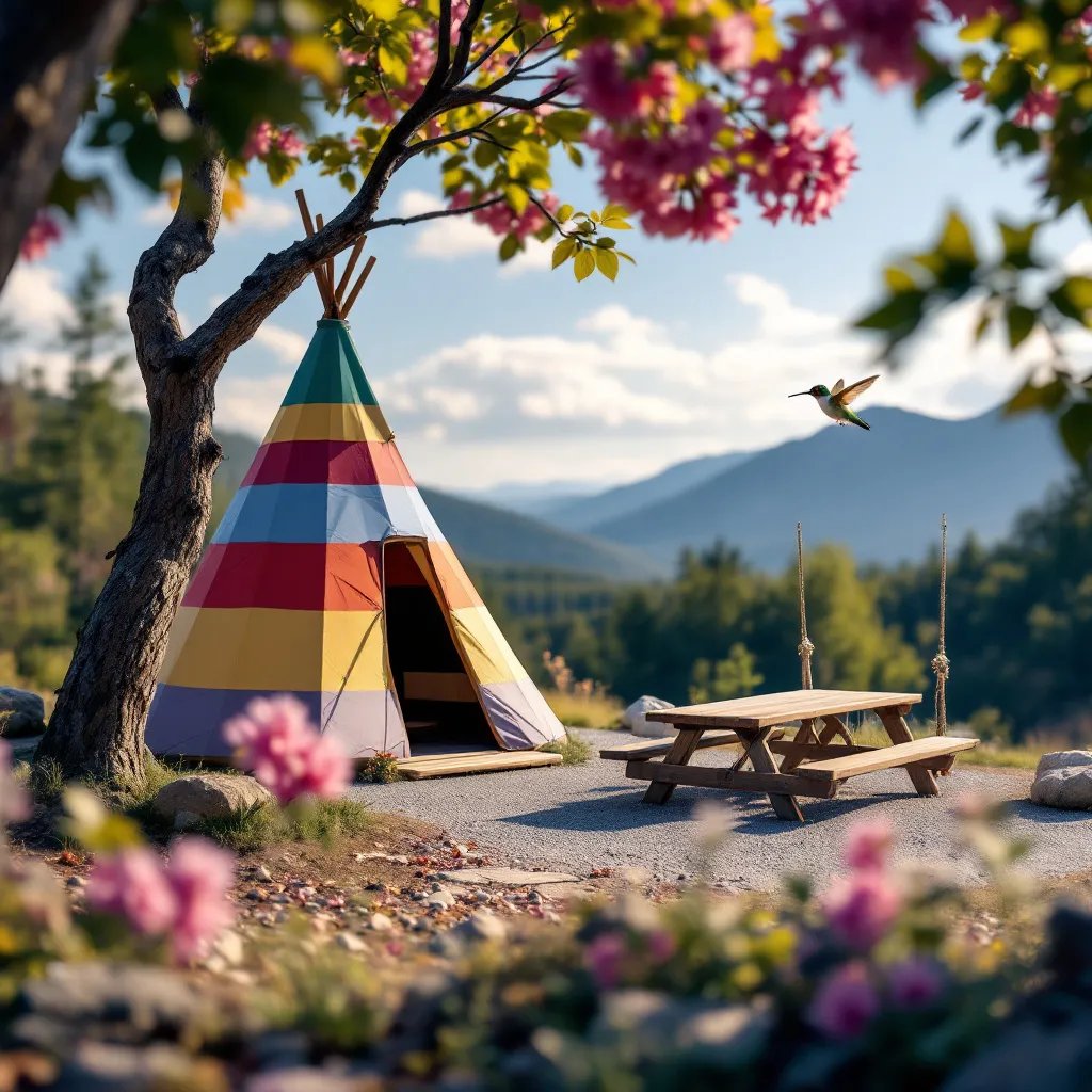 A colorful tepee rests in a sunny campsite surrounded by trees and stone patches. A picnic table and rope swing invite visitors to relax, while mountains rise in the distance. A tiny hummingbird hovers near a bright flower.