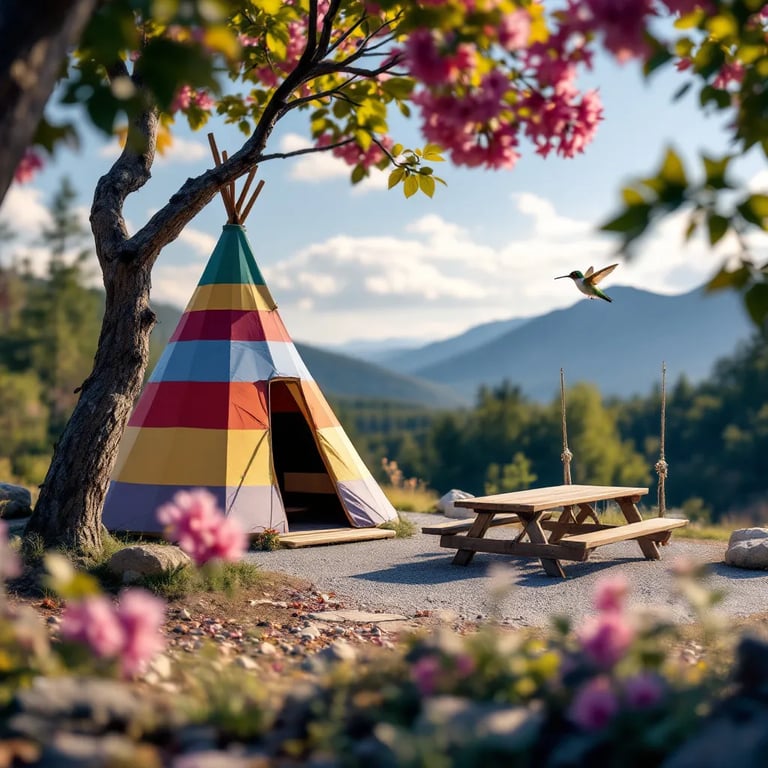 A colorful tepee rests in a sunny campsite surrounded by trees and stone patches. A picnic table and rope swing invite visitors to relax, while mountains rise in the distance. A tiny hummingbird hovers near a bright flower.