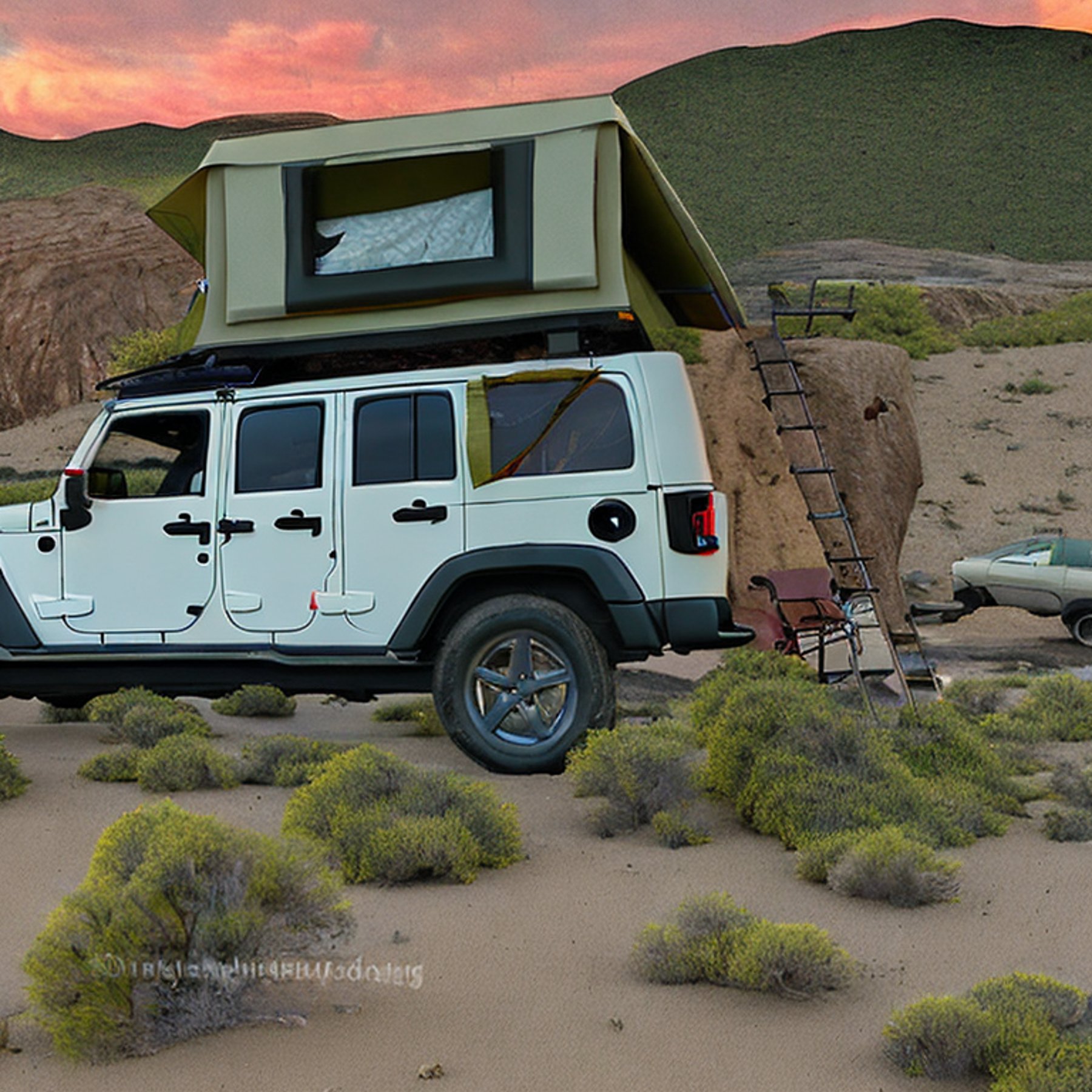 A Jeep with its rooftop tent open rests on a rugged dirt campsite in Death Valley. Rainy sunset light shines over boulders and ferns, while a deer stands quietly in the distance.
