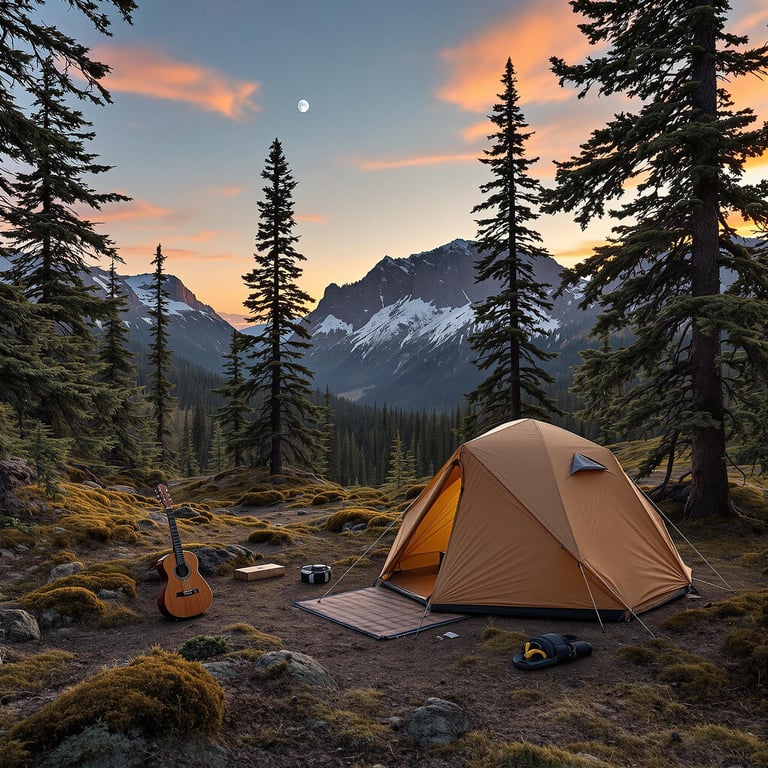A tan tent rests among moss-covered trees in Banff National Park. The warm sunset glows over the quiet campsite, with a moon rising in the sky and a wooden guitar nearby.