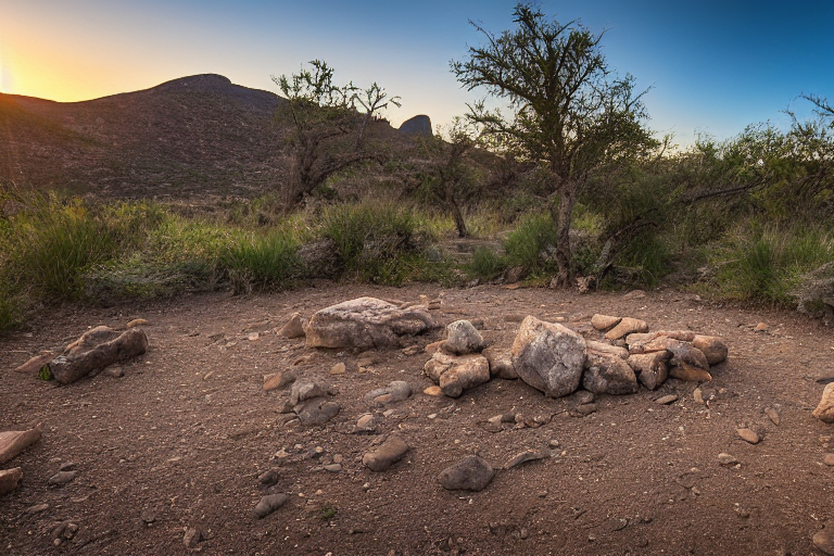 A black tent rests beside a warm campfire as the sun rises over Big Bend’s rough, rocky land. A dirt path winds through ferns, with a large rock nearby under the clear morning sky.