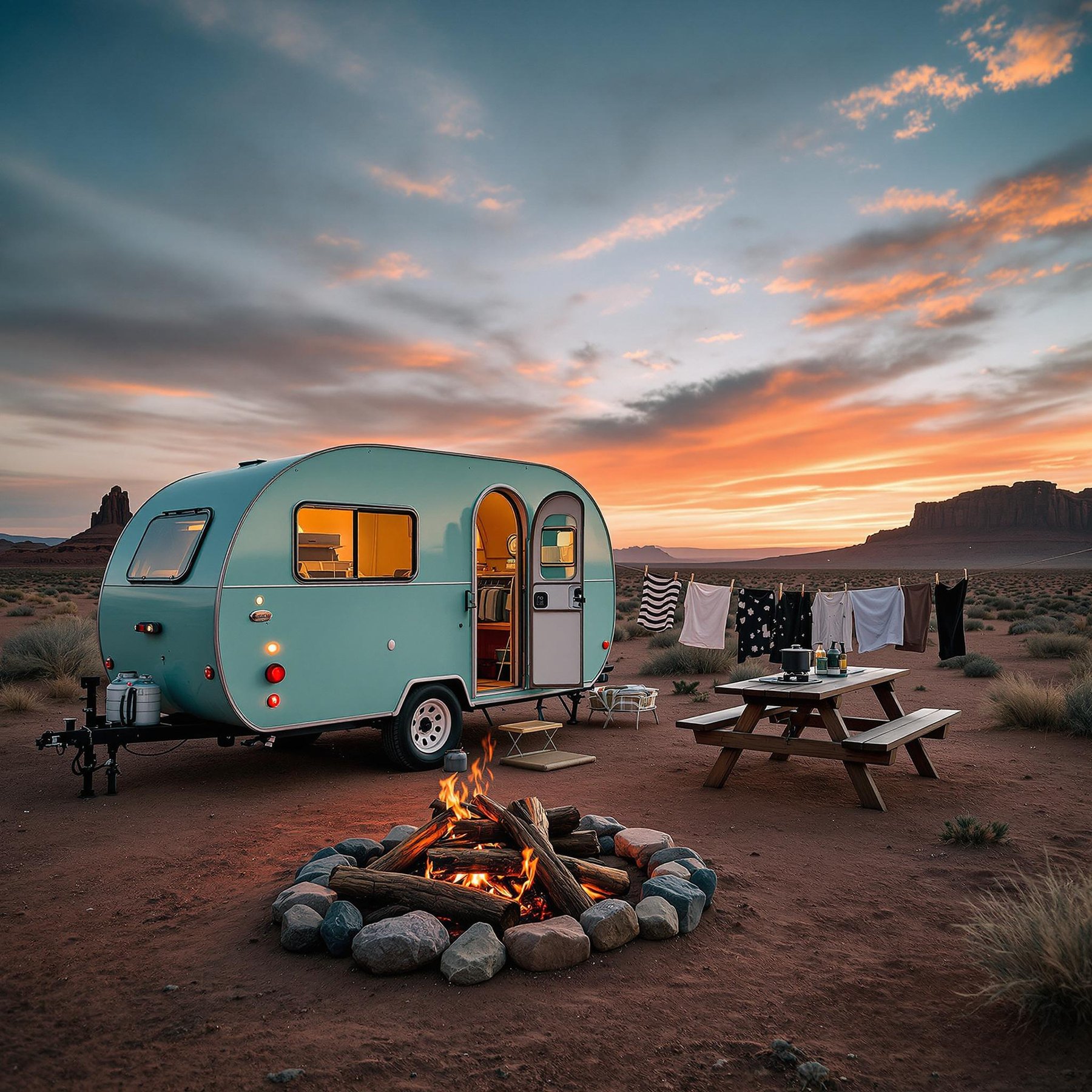 A mint green teardrop trailer rests beneath Monument Valley’s towering red rocks. A warm campfire, picnic table, and hanging clothes make the breezy campsite feel cozy as the sun sets.