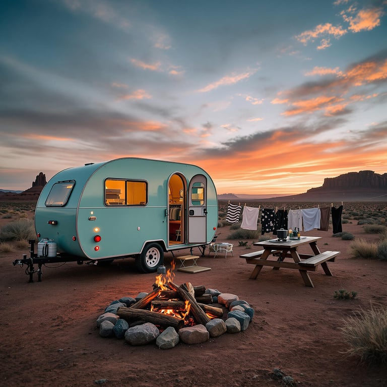 A mint green teardrop trailer rests beneath Monument Valley’s towering red rocks. A warm campfire, picnic table, and hanging clothes make the breezy campsite feel cozy as the sun sets.