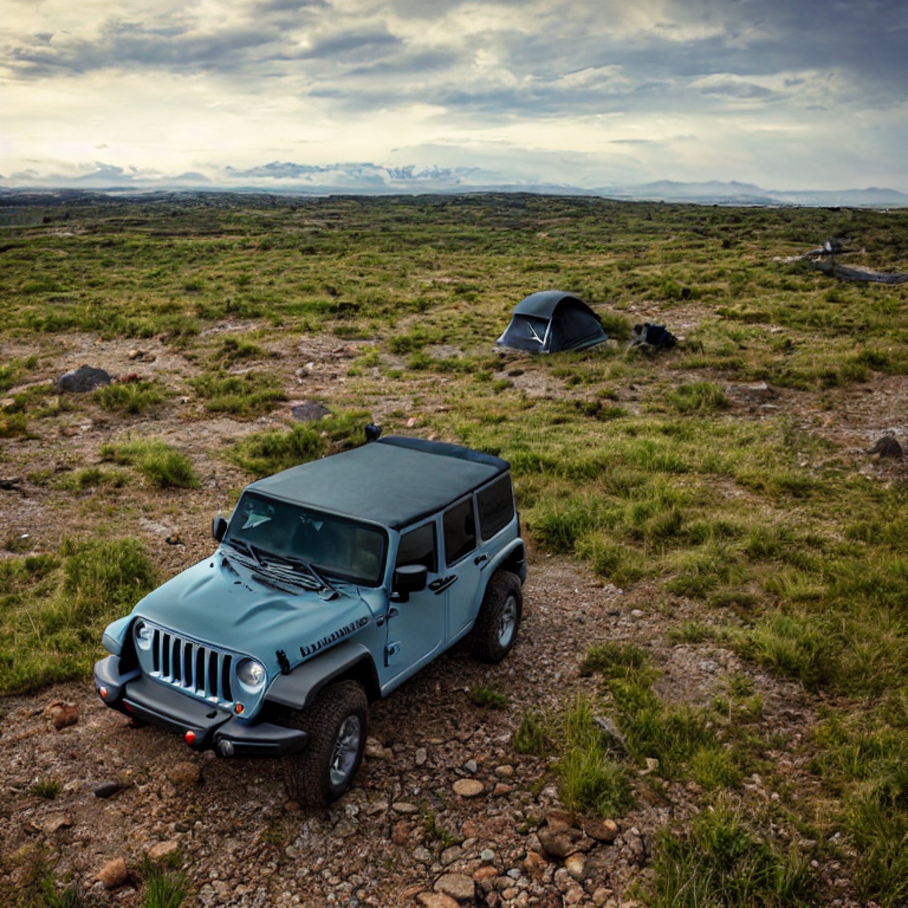 A Jeep with its rooftop tent open rests on a quiet mountain campsite. Tall grass, dirt, and patches of stone surround the camp under a bright, clear sky.