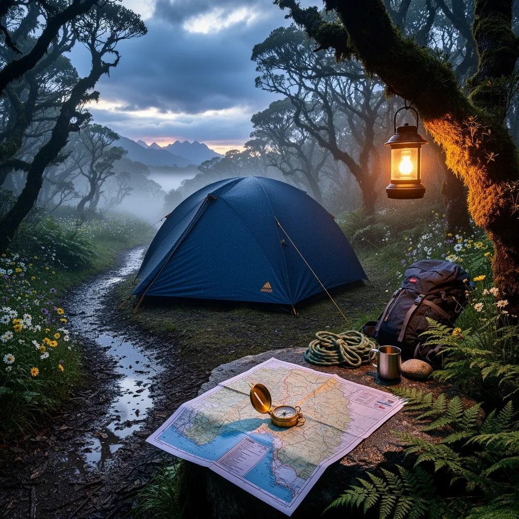 A small blue tent glows under a golden lantern in a misty forest clearing, just after a storm. Wet moss, ferns, and wildflowers surround the quiet campsite, with a map and compass waiting for the next adventure.