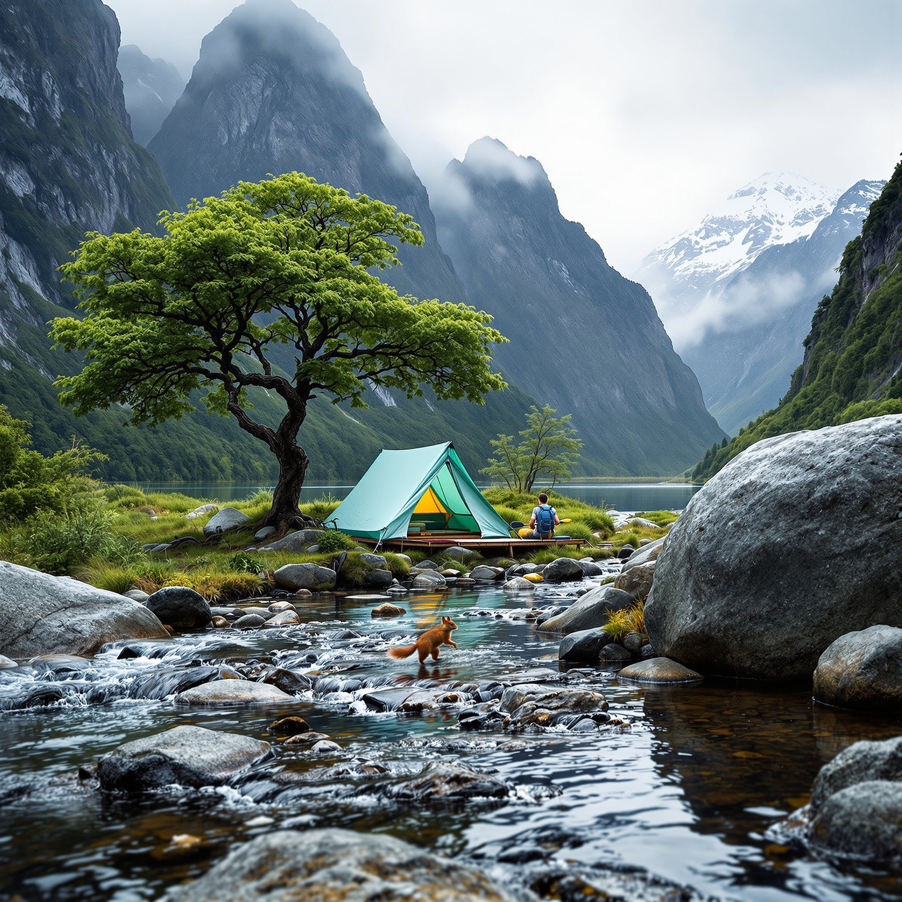 A cozy tent sits by a sparkling stream, surrounded by tall, misty mountains and lush green trees. A little squirrel plays by the water, adding fun to the peaceful scene. It's the perfect spot for an adventure in nature!