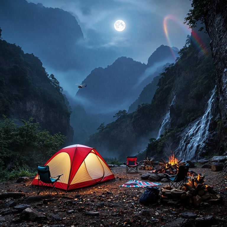 A red-and-white tent rests among the tall cliffs of Zhangjiajie beneath a bright full moon. A small waterfall sparkles nearby, while a campfire, chair, backpack, and stacked firewood create a cozy outdoor retreat. A rainbow glows faintly across the sky.