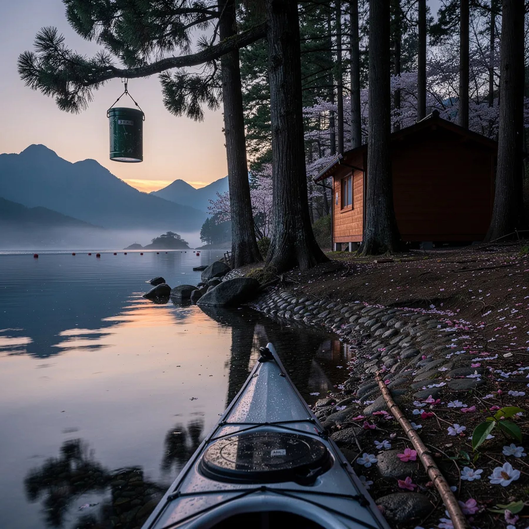 A calm inlet leads to a quiet campsite at twilight, with a small burnt-orange cabin tucked under tall cedar trees. The kayak glides toward shore as soft fog and sunset light blur the far mountains. Wet ground is dotted with fallen flowers, and a bear-safe food canister hangs from a strong branch nearby.